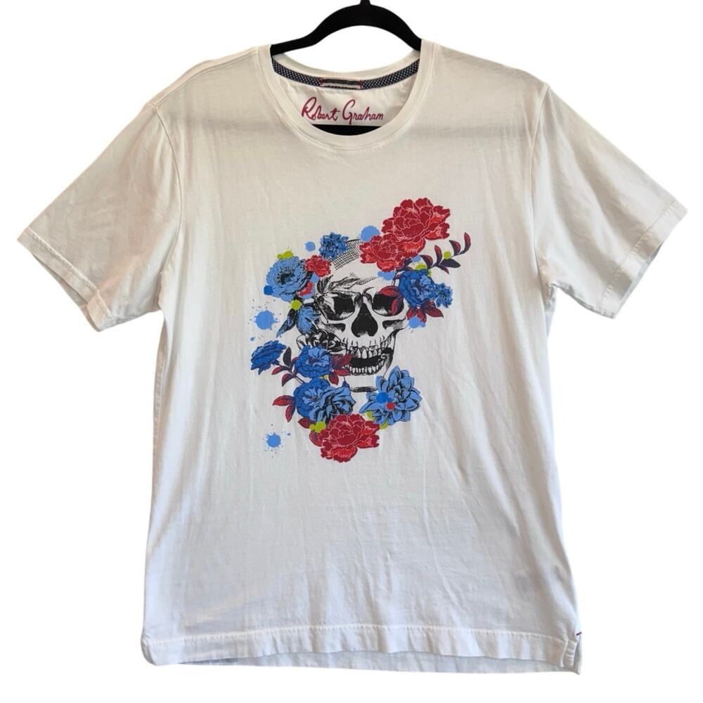 Robert Graham Skull Floral Graphic Tee White Cotton Short Sleeve T-Shirt Men’s S